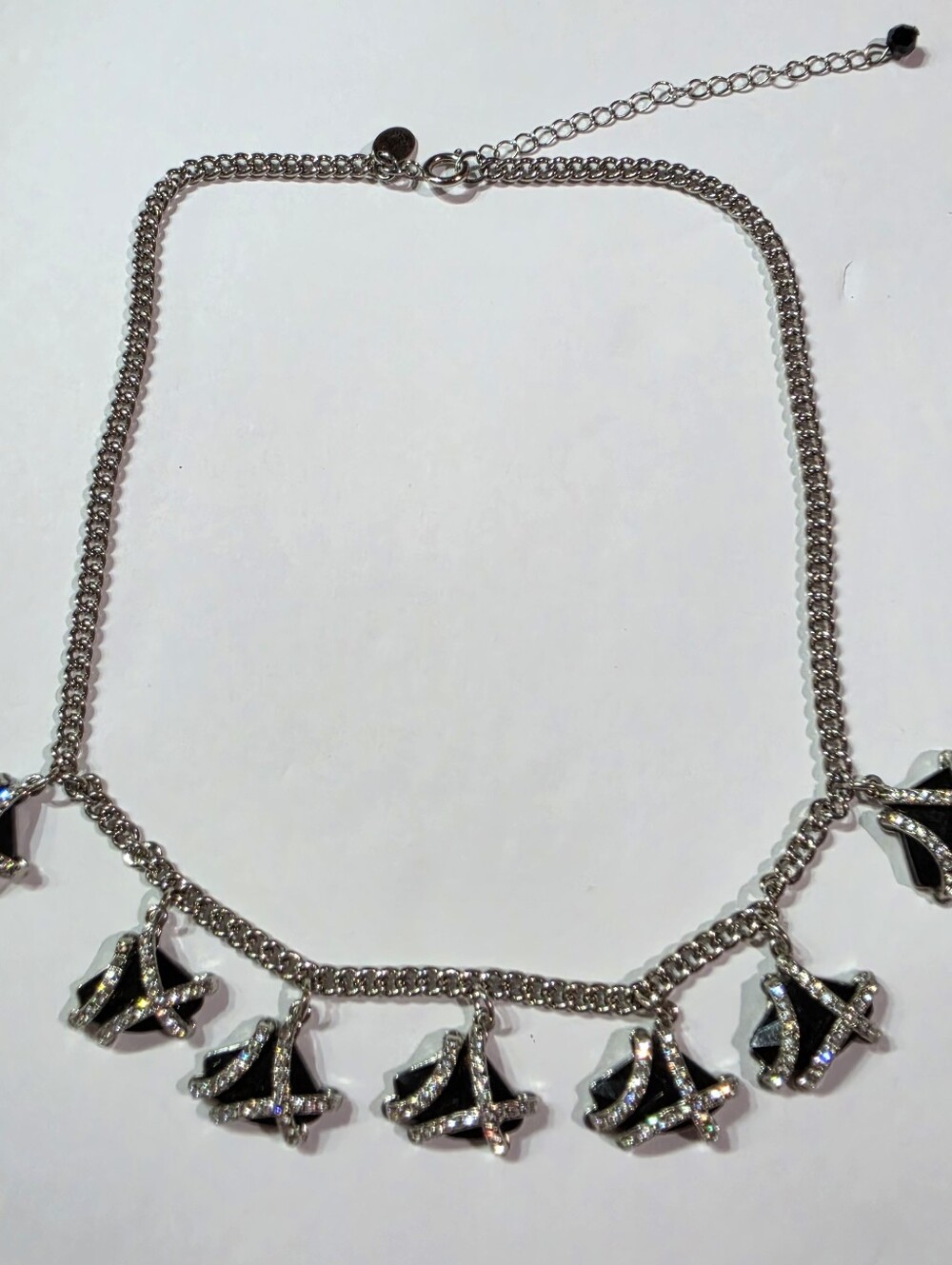 Charming Charlie Silver Tone Rhinestone Statement Necklace Black Geometric Dangl